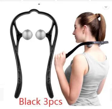 Blue plastic hand-held neck massager with adjustable rollers on a flexible stand.