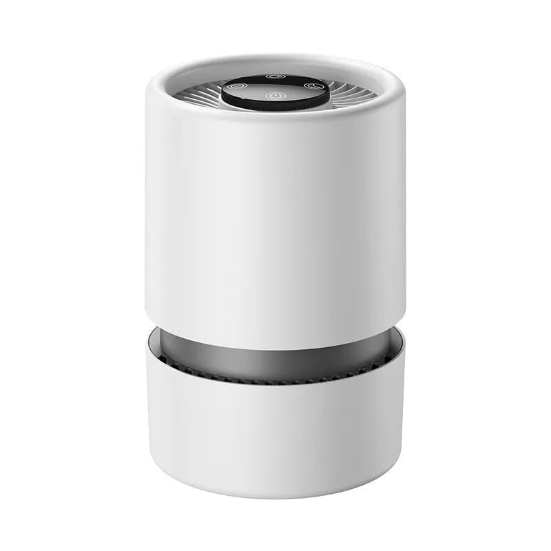 White simple style desktop air purifier with USB cable on a desk