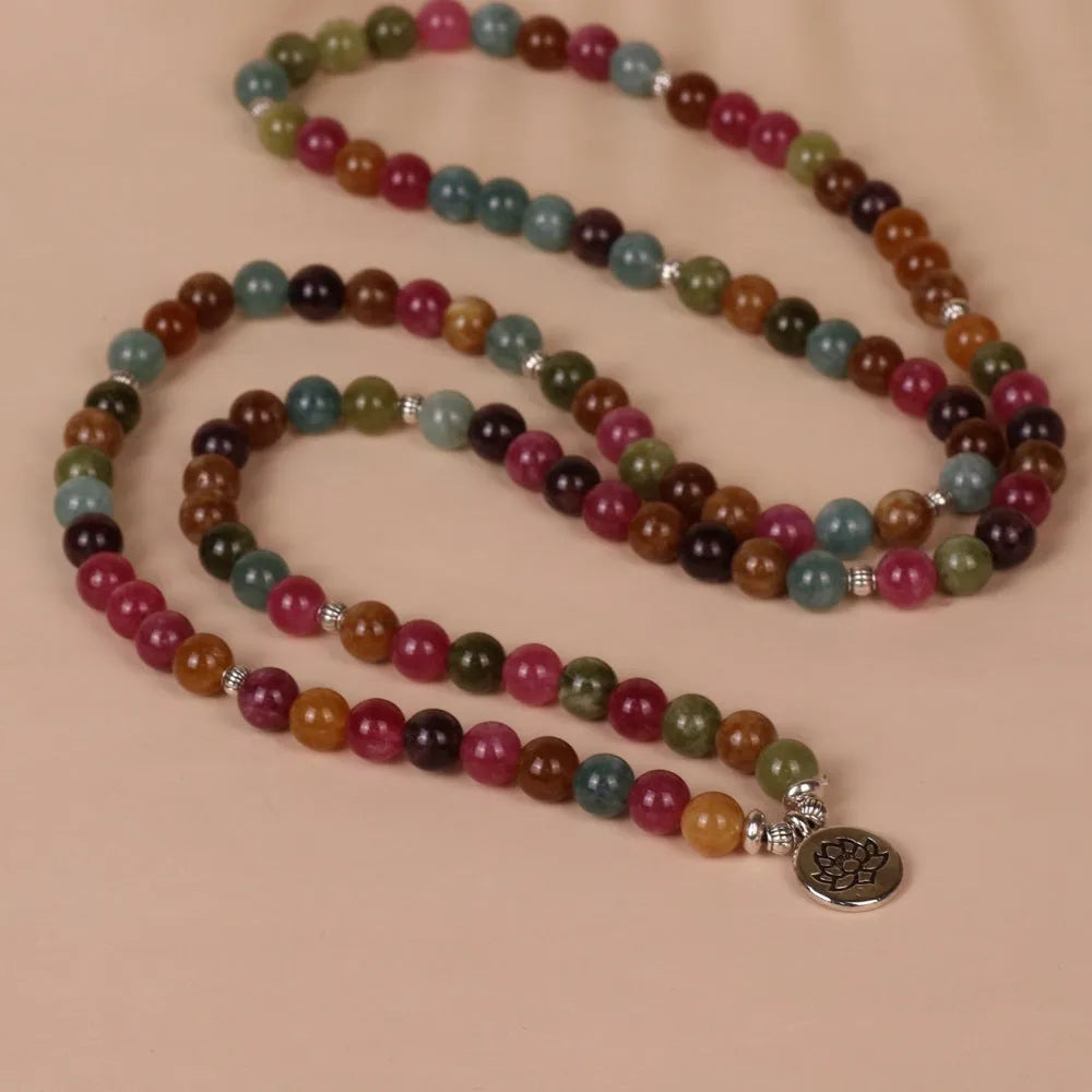 Tourmaline colour alloy bracelet with 108 beads in multi-layer hanging design featuring lotus pattern