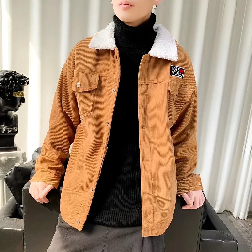 Men's loose fit corduroy workwear jacket in khaki colour with patch pockets.