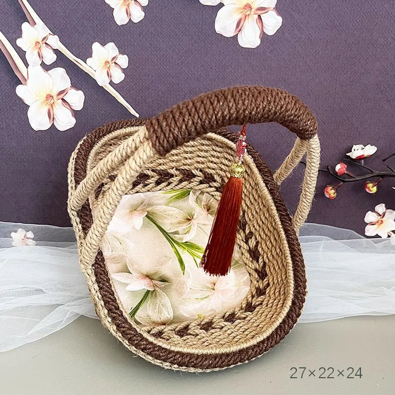 Hand-woven hemp rope basket made from straw material in rustic storage design
