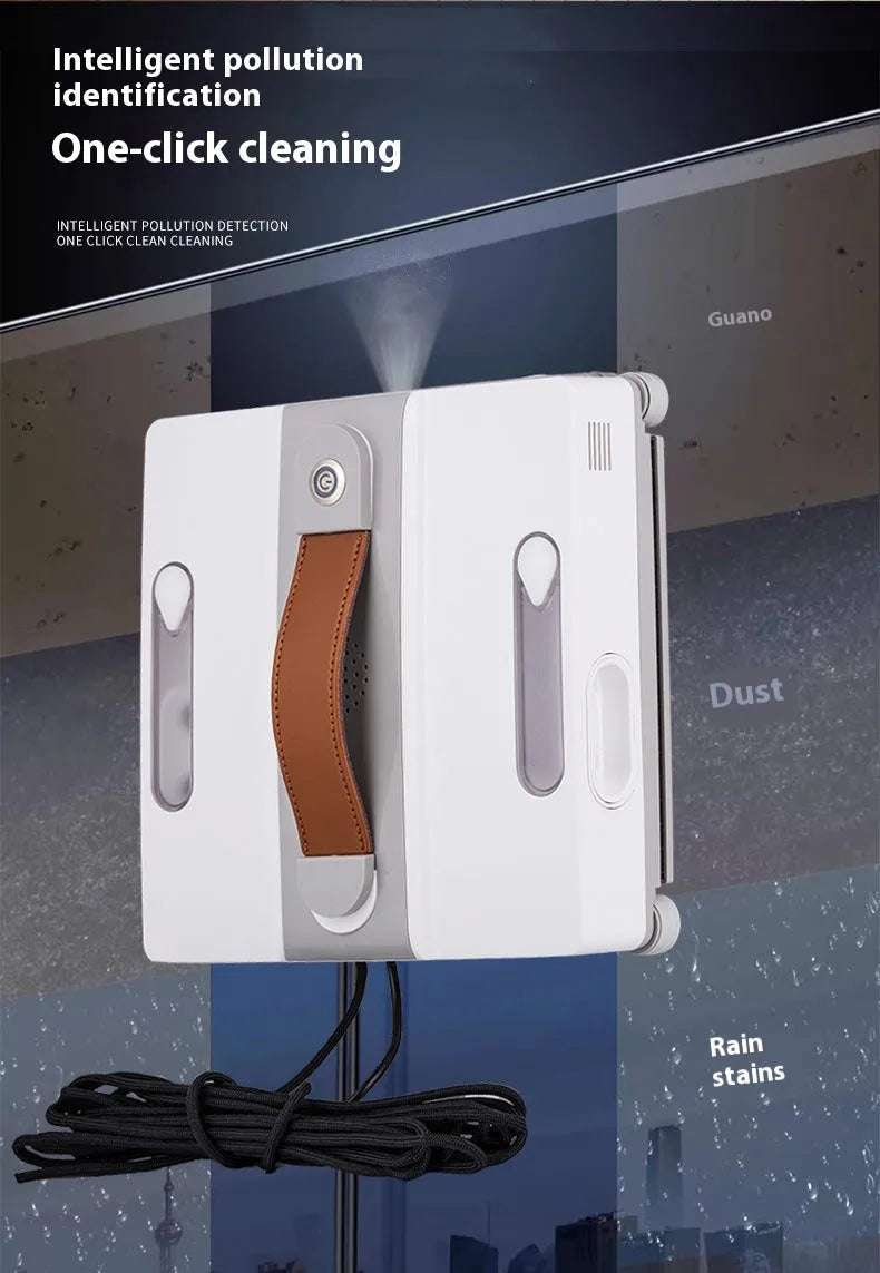 White intelligent window cleaning robot for automated washing of high-rise windows.