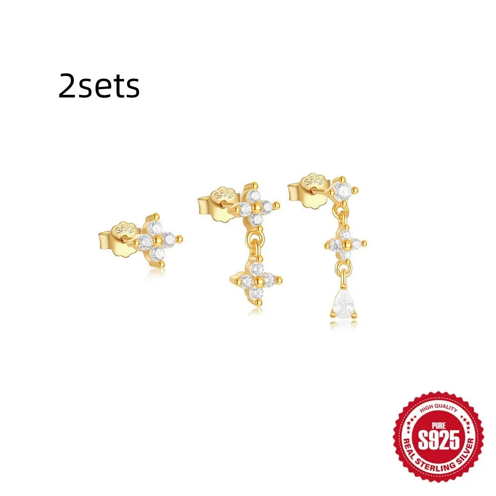 Three pairs of geometric zircon stud earrings in gold tones made from S925 sterling silver