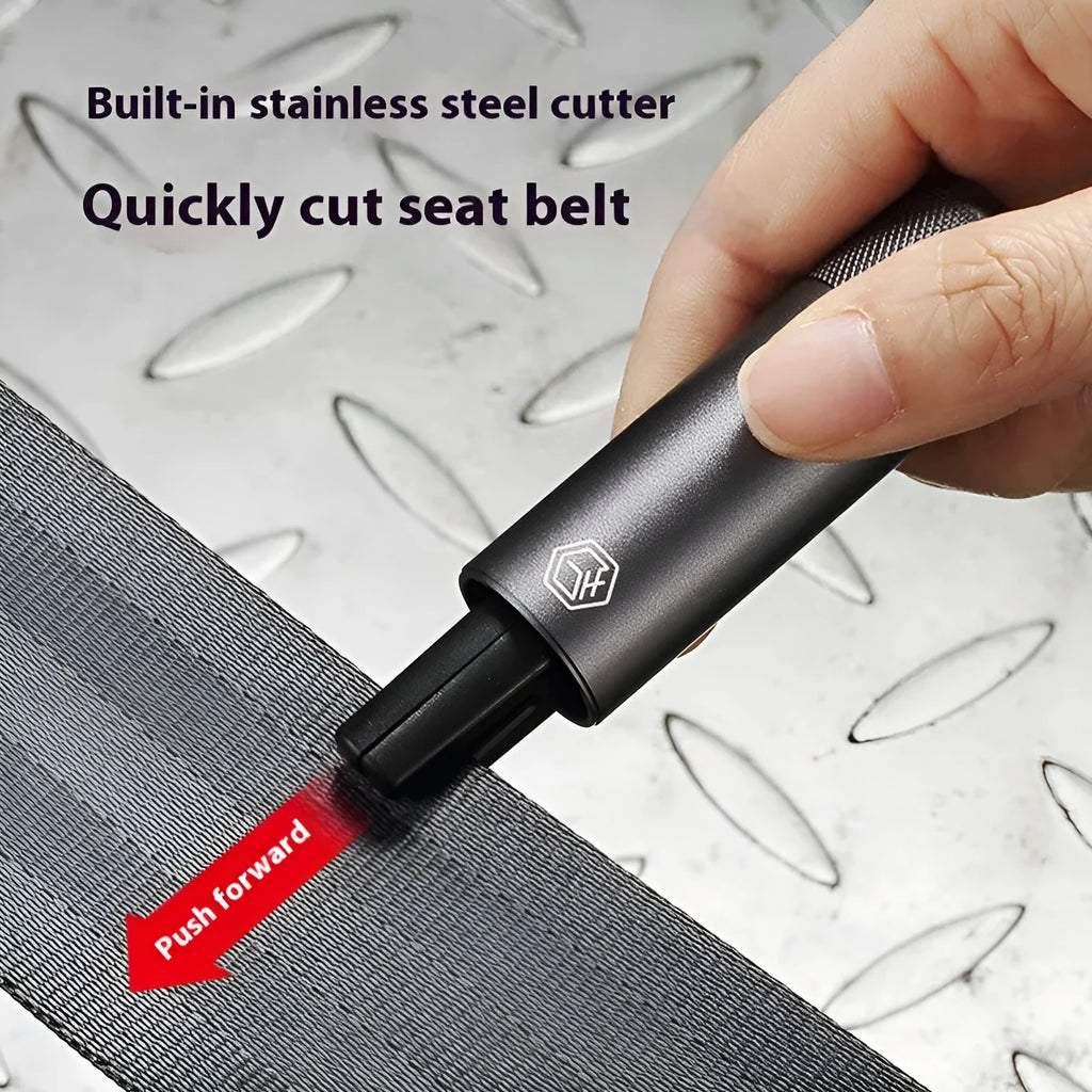 Gun grey aluminium alloy car safety hammer with window breaker and seatbelt cutter measuring 87mm long