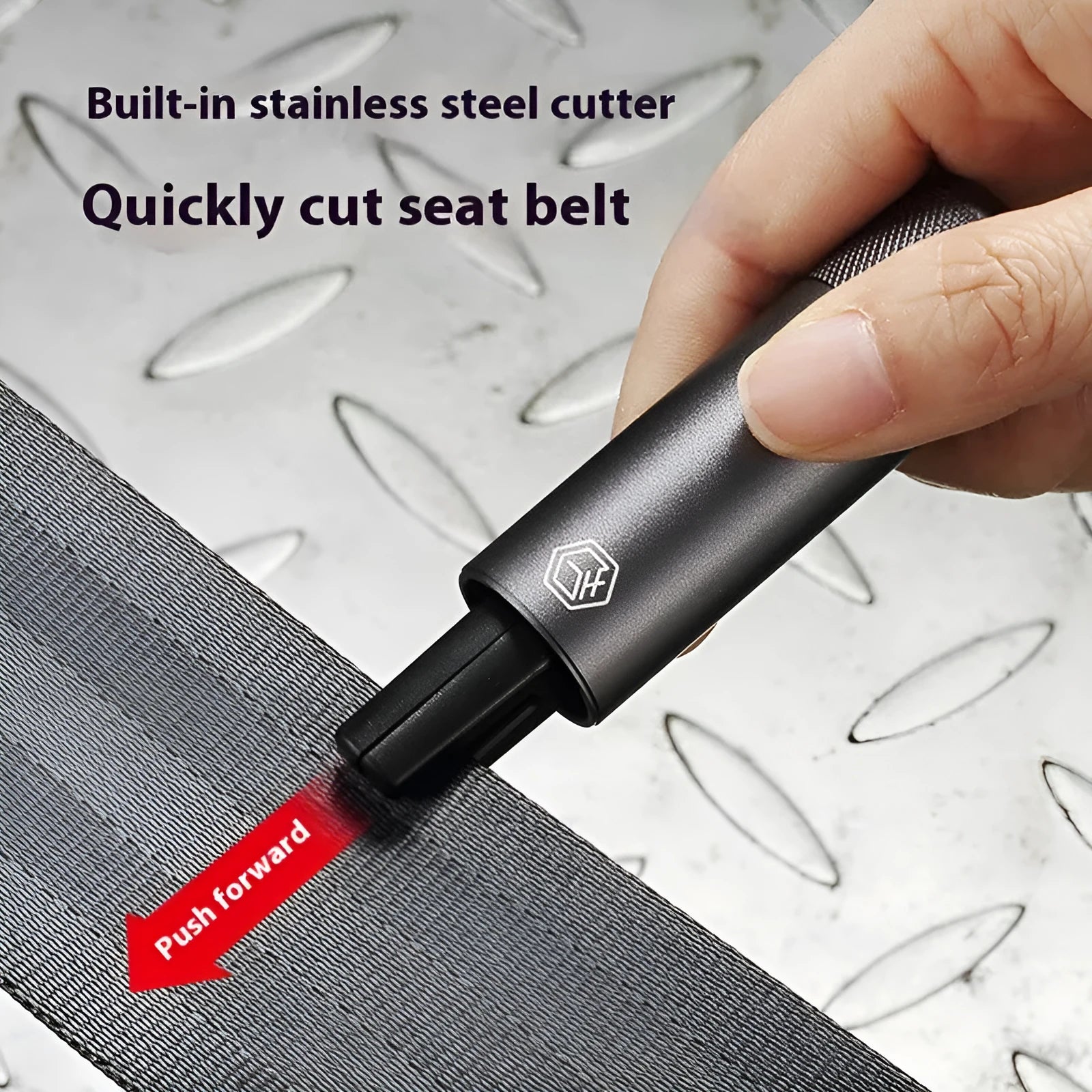 Gun grey aluminium alloy car safety hammer with window breaker and seatbelt cutter measuring 87mm long