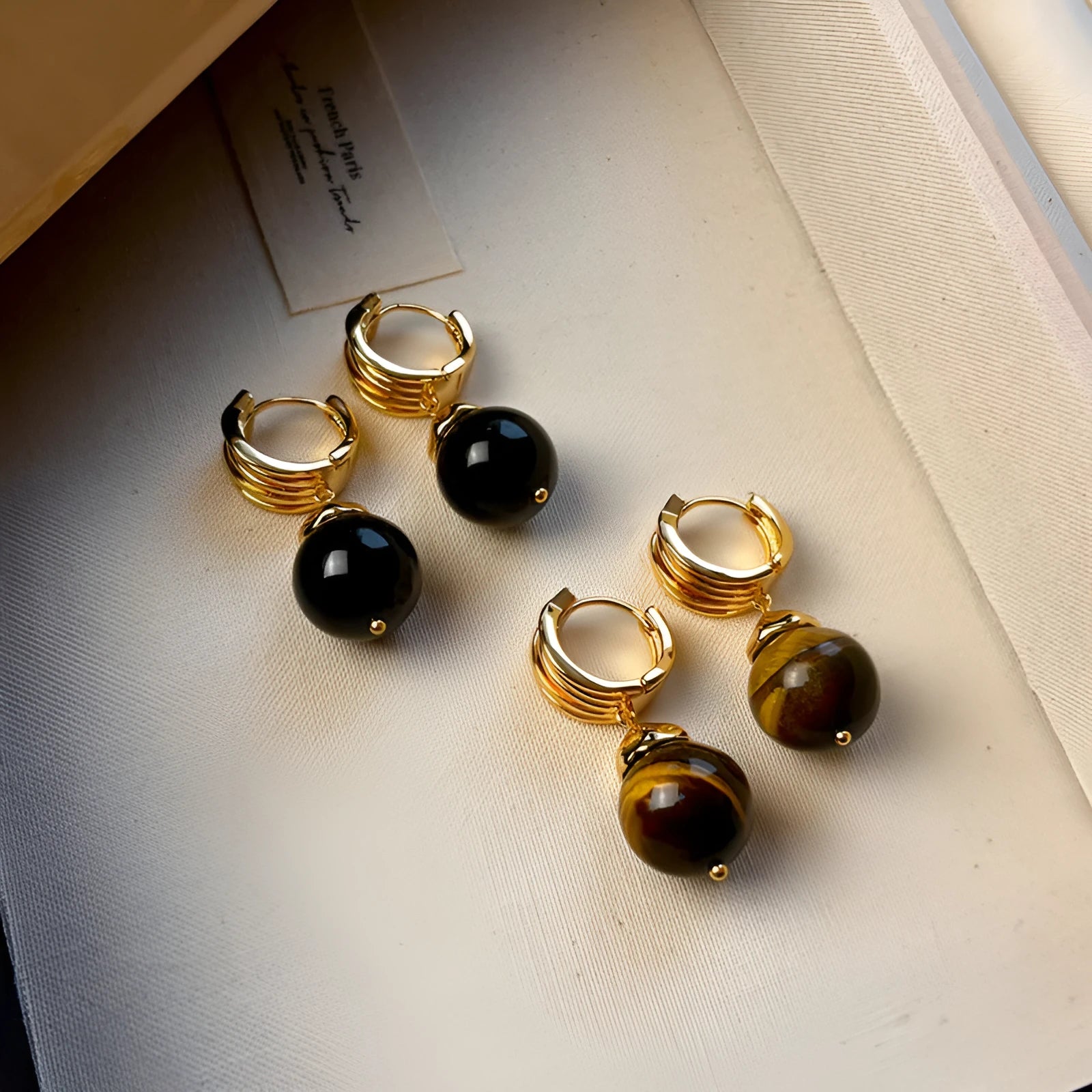 Maillard tigereye geometric earrings with real gold plating in French retro style