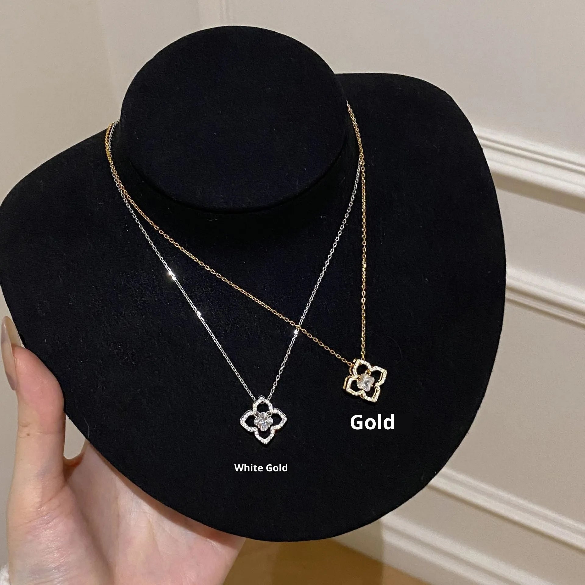 925 silver curb chain necklace with zirconium flower pendant in white gold colour, electroplated finish