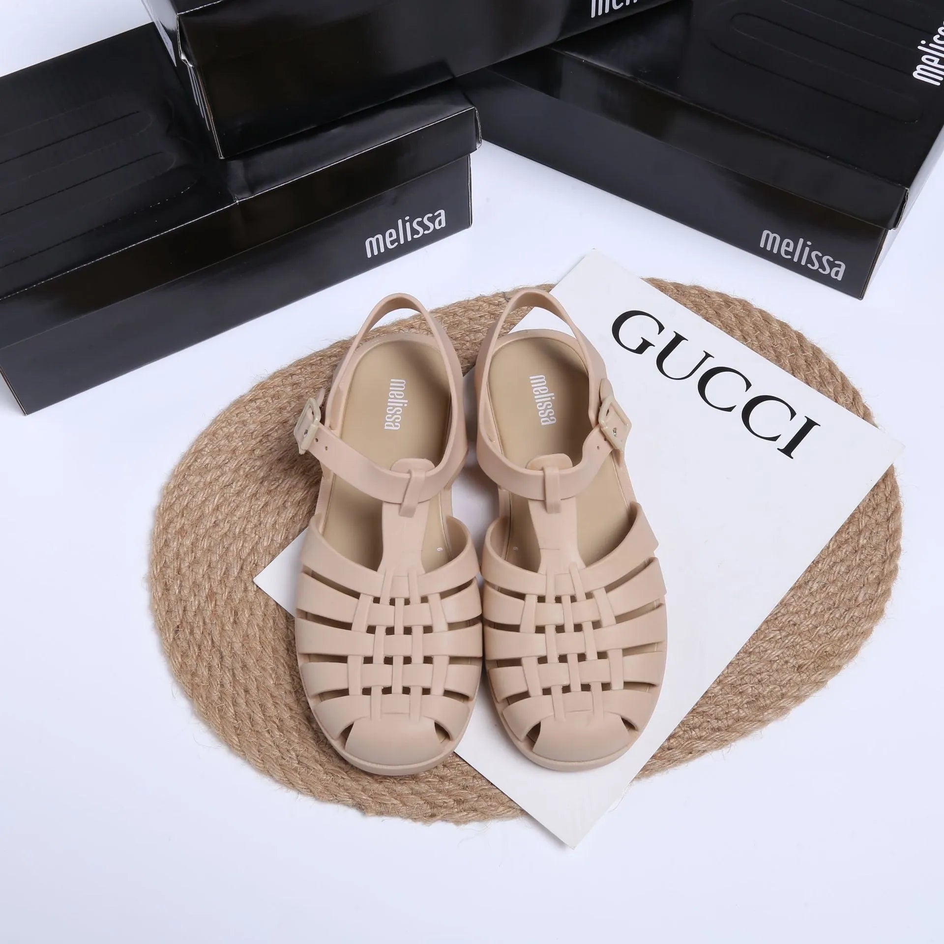 Vintage weave Roman sandals in black with buckle fastening and hollow out design elements