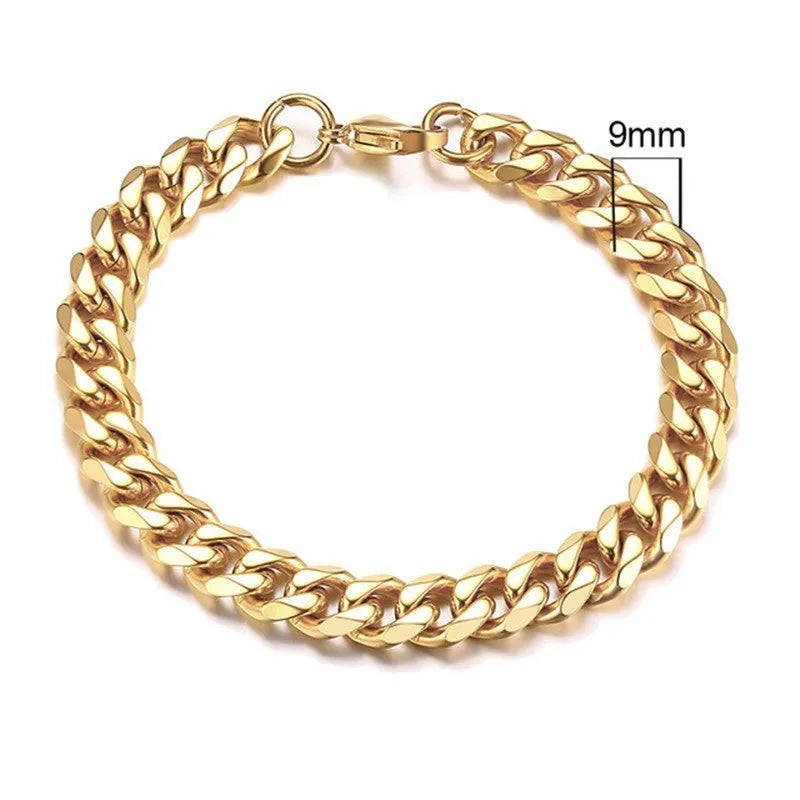 Six-sided geometric Cuban link metal bracelet in gold, black, and steel colour finishes.