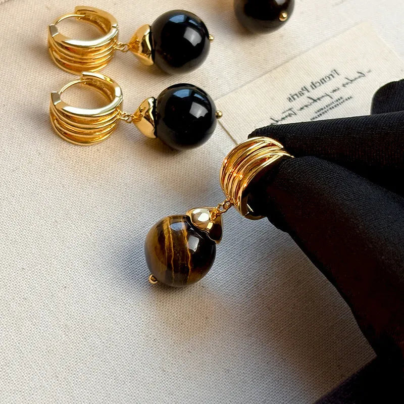 Maillard tigereye geometric earrings with real gold plating in French retro style