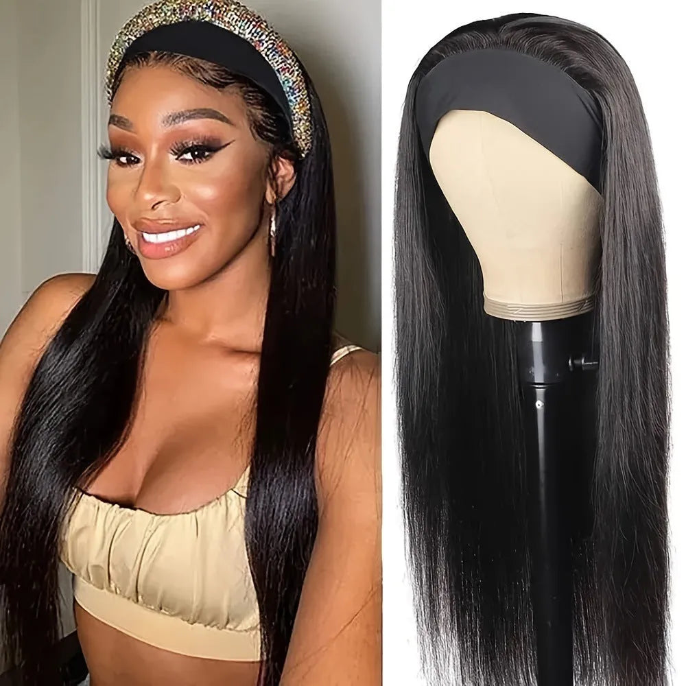 Headband wig with long straight black hair on display stand