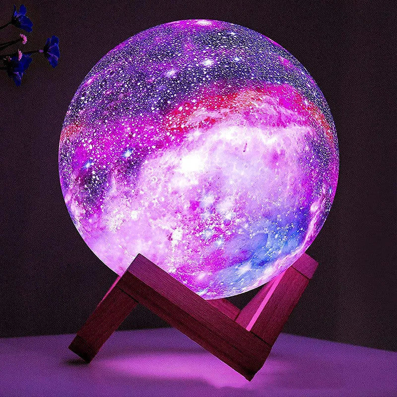 3D printing moon lamp with remote control showing 16 colours and PVC shade, available in 12cm to 20cm sizes