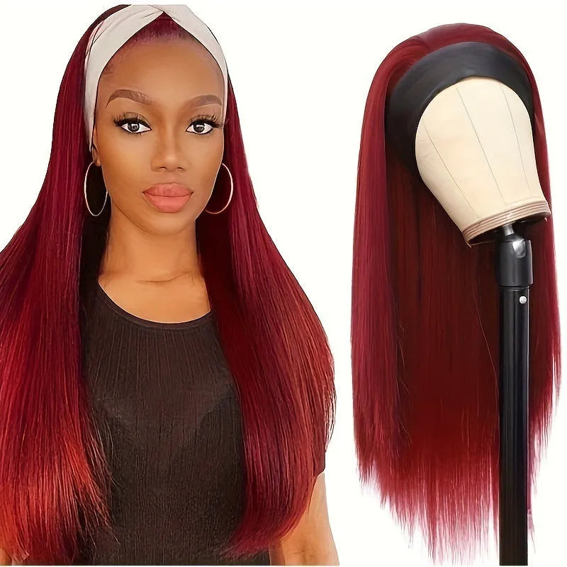 Headband wig with long straight black hair on display stand