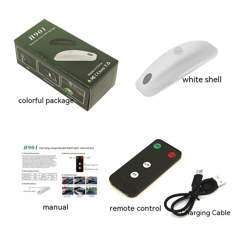 Black or white car strobe light with remote control for adverse weather visibility.
