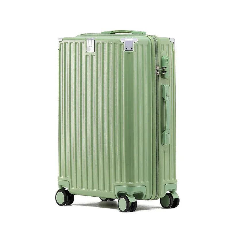 Aluminium frame ABS PC trolley case in avocado green with universal wheels and a USB port.