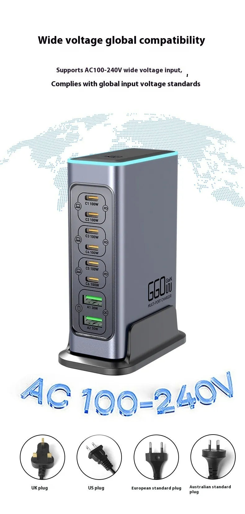 660W Gallium Nitride desktop fast charger with four USB-C ports and UK, EU, US, AU plug heads.
