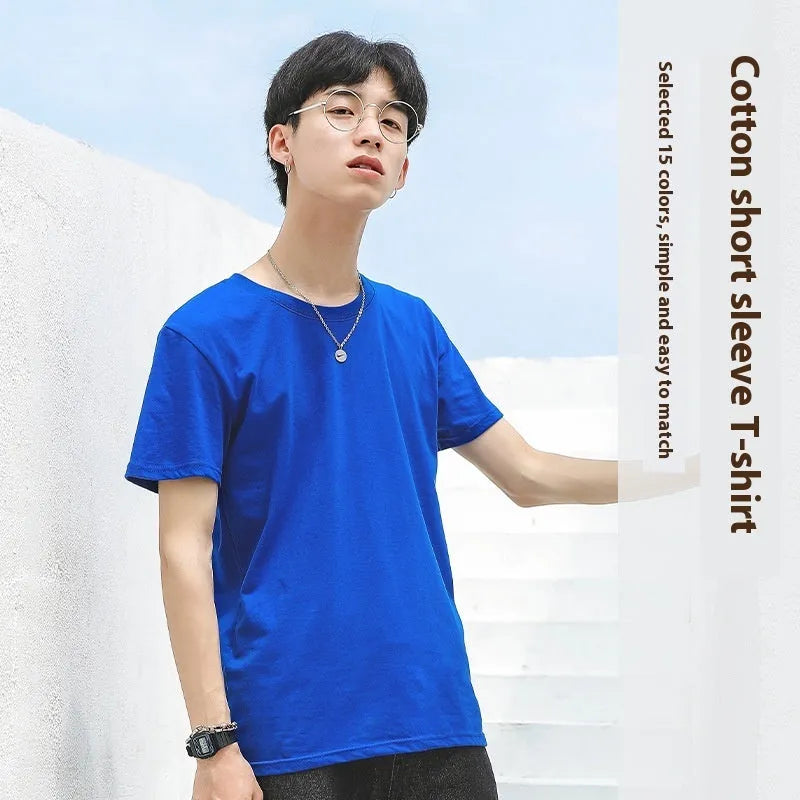 Men's solid colour cotton round neck t-shirt on hanger showing short sleeve design