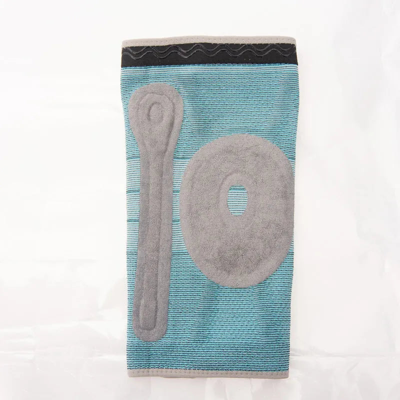 Sky blue elastic fibre knee pad for sports support, shown in size selection S, M, L, XL.