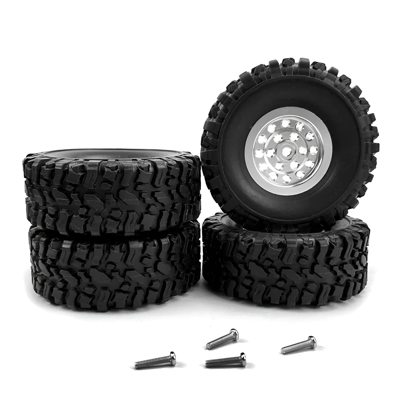 Silver stainless steel RC car wheel with tyre, 68mm outer diameter, 5mm hex fitting for modification parts