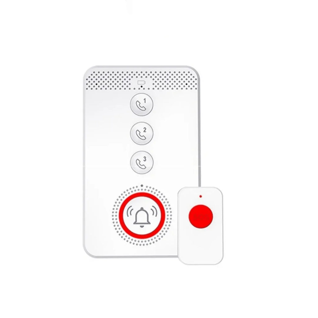 White emergency alert system with one buzzer unit and three wireless call buttons for elderly care