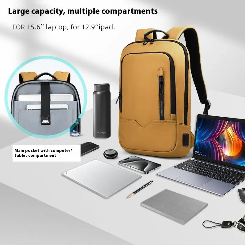 Solid colour lightweight polyester backpack with USB charging port on side, shown in multiple colour options.