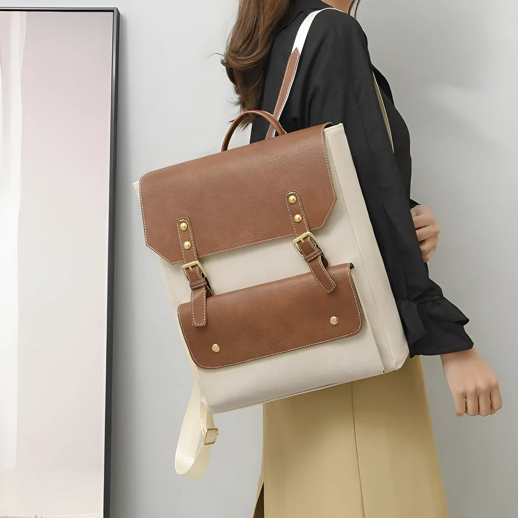 Korean style retro simple backpack in soft PU material showing ventilation features and available colour options
