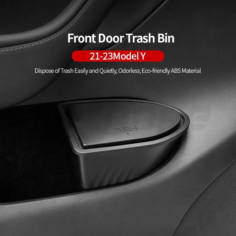 Two black ABS plastic car door storage boxes for Tesla Model Y front door pockets