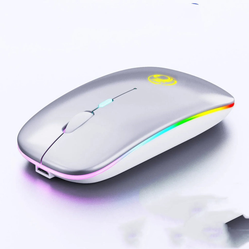 Black and white wireless mouse with luminous scroll wheel showing Bluetooth and silent button features
