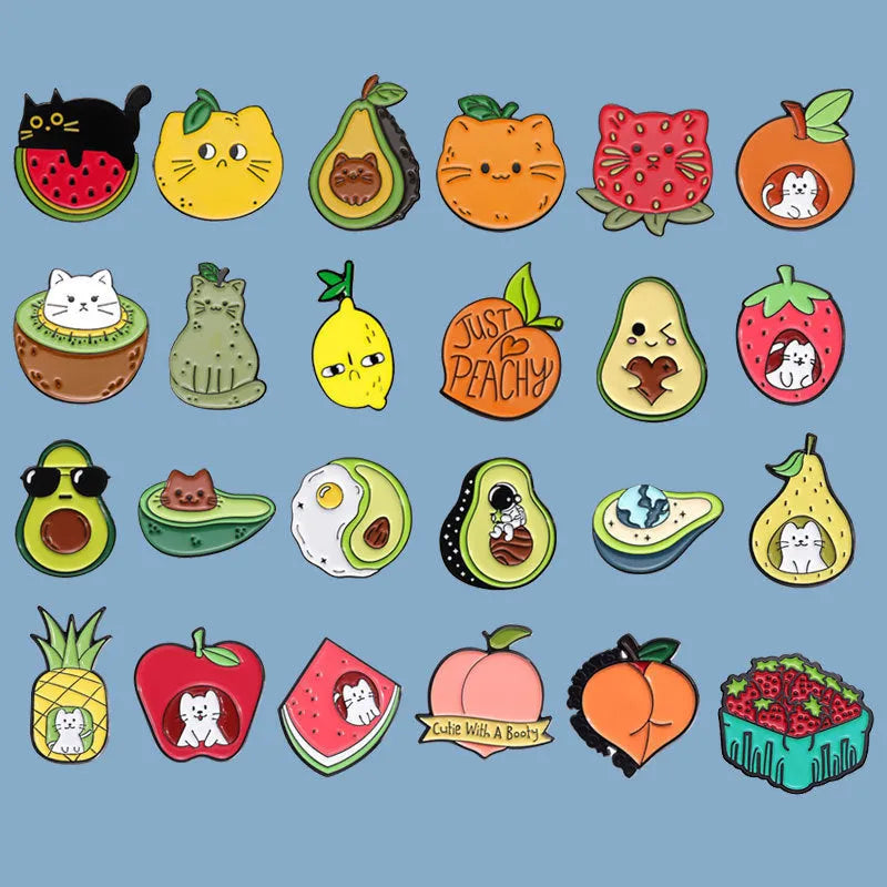 Colourful cartoon fruit and letter shaped zinc alloy brooch pin on fabric