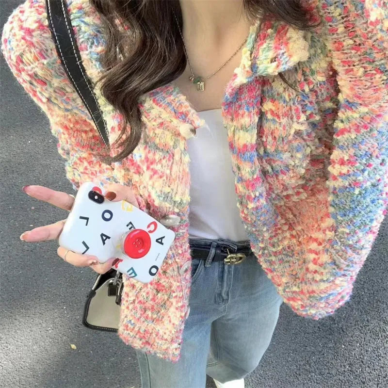 Retro rainbow pattern knitted cardigan in pink or green ice cream colours with toothbrush hair fabric