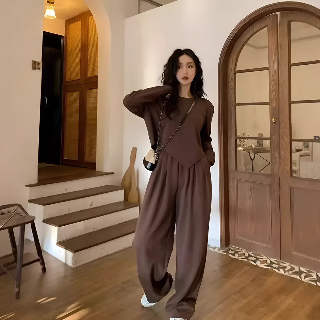 Women's khaki casual sport suit with loose fit long sleeve top and full-length trousers