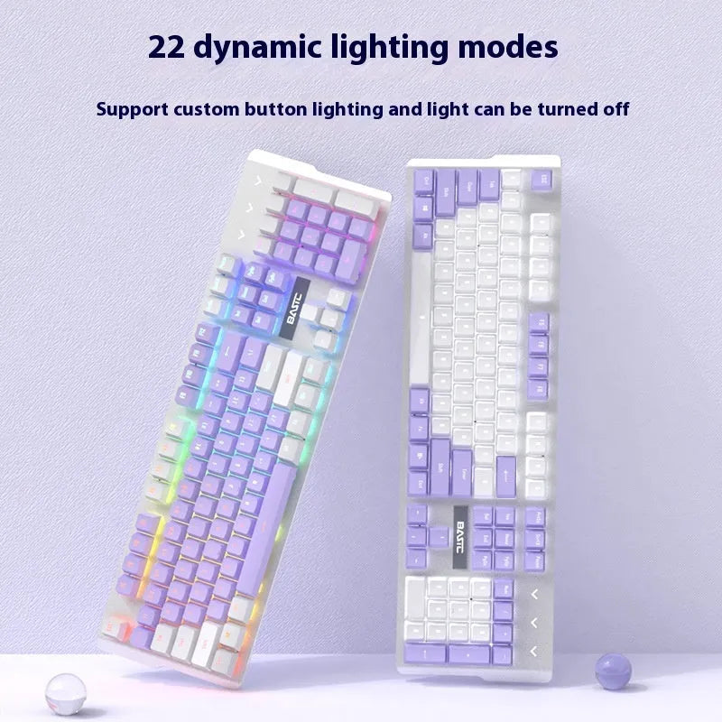 White and purple wired mechanical keyboard and mouse combo set with backlight on a desk.