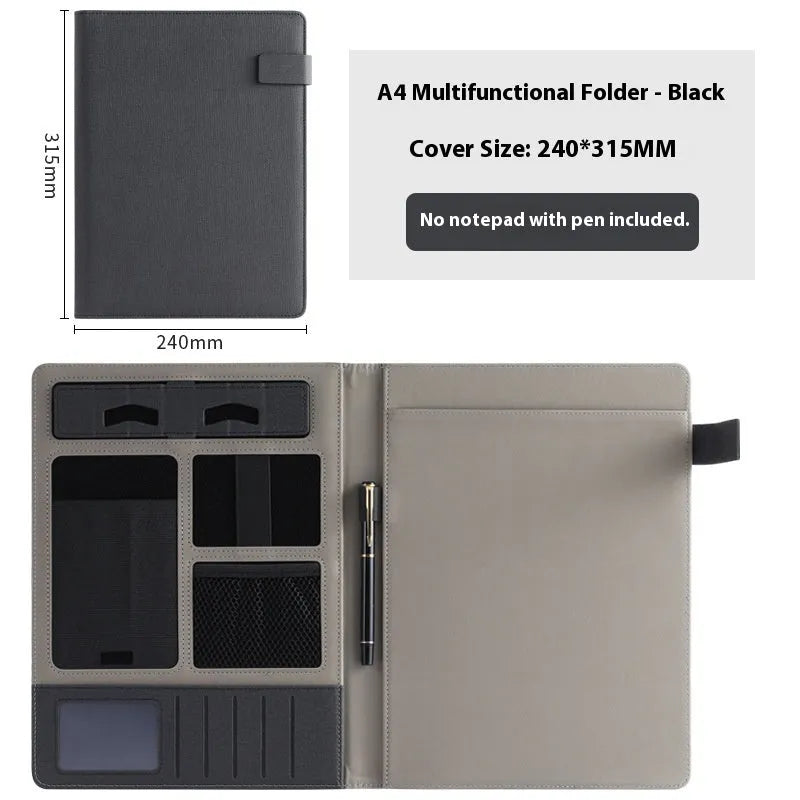 Black leather A4 business folder holding documents, with pen and notepad accessory options.