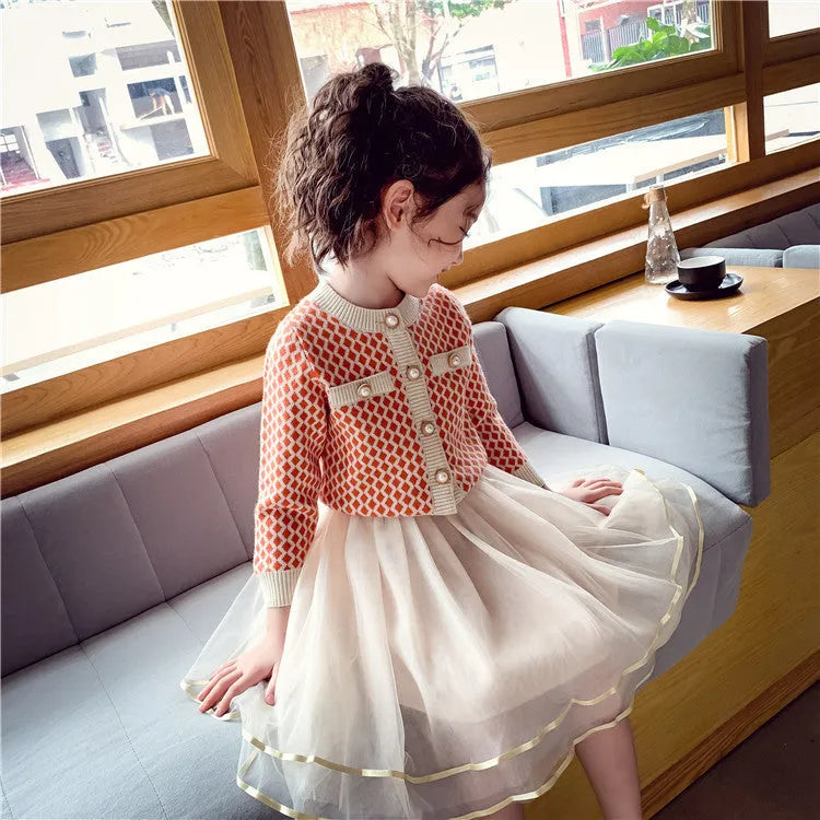 Girls' orange modal two-piece suit with A-line skirt for heights 100cm to 160cm