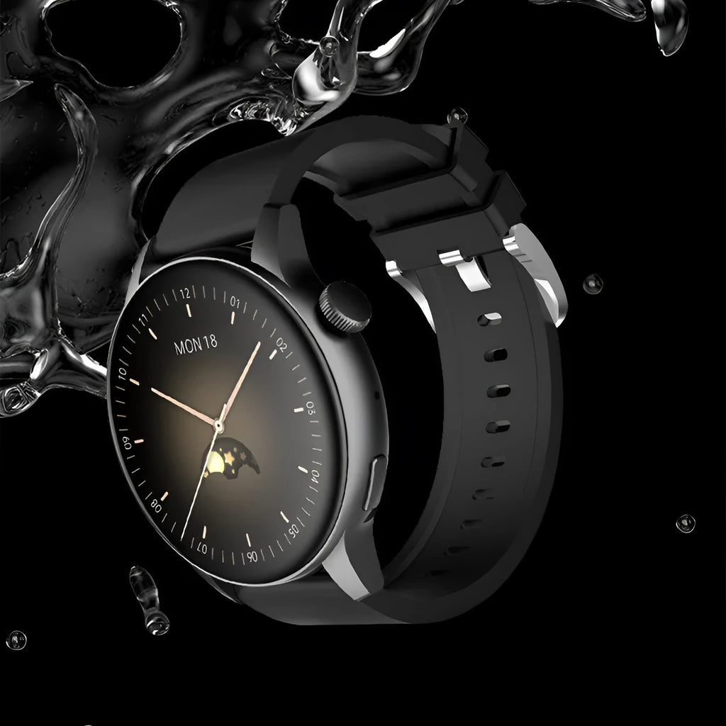 Smart watch with colour screen and stainless steel body showing black, pink, and silver colour options