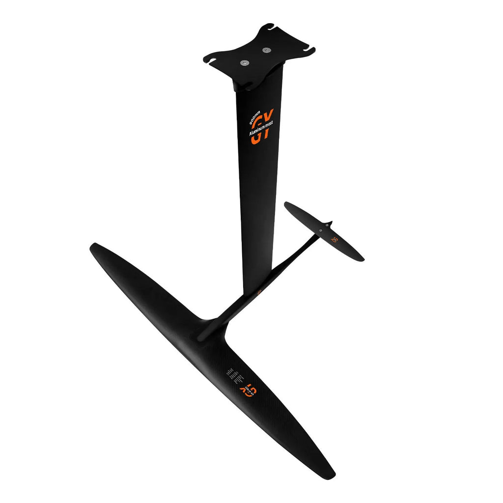 Black carbon fibre and aluminium alloy racing hydrofoil with a large front wing.