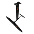 Black carbon fibre and aluminium alloy racing hydrofoil with a large front wing.