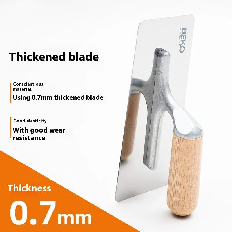 Stainless steel wall scraper with wooden handle for putty removal, showing three blade size options