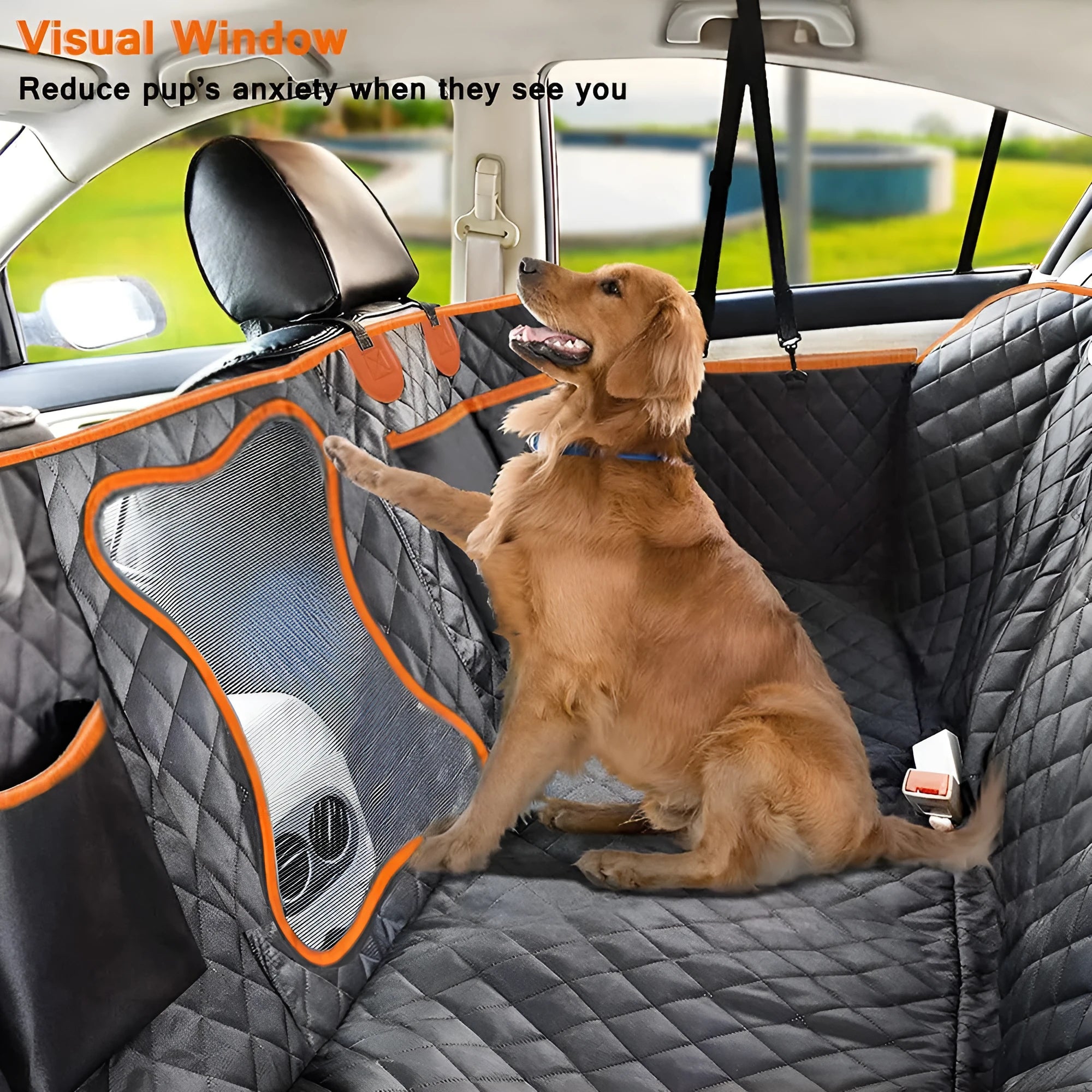 Black and orange waterproof pet car seat cover with mesh window and accessory pocket