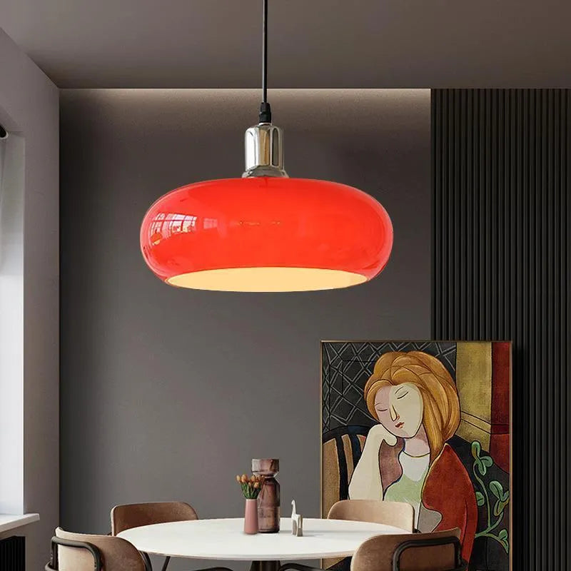 Bauhaus three-headed glass egg tart pendant light in retro style, shown in milk white.