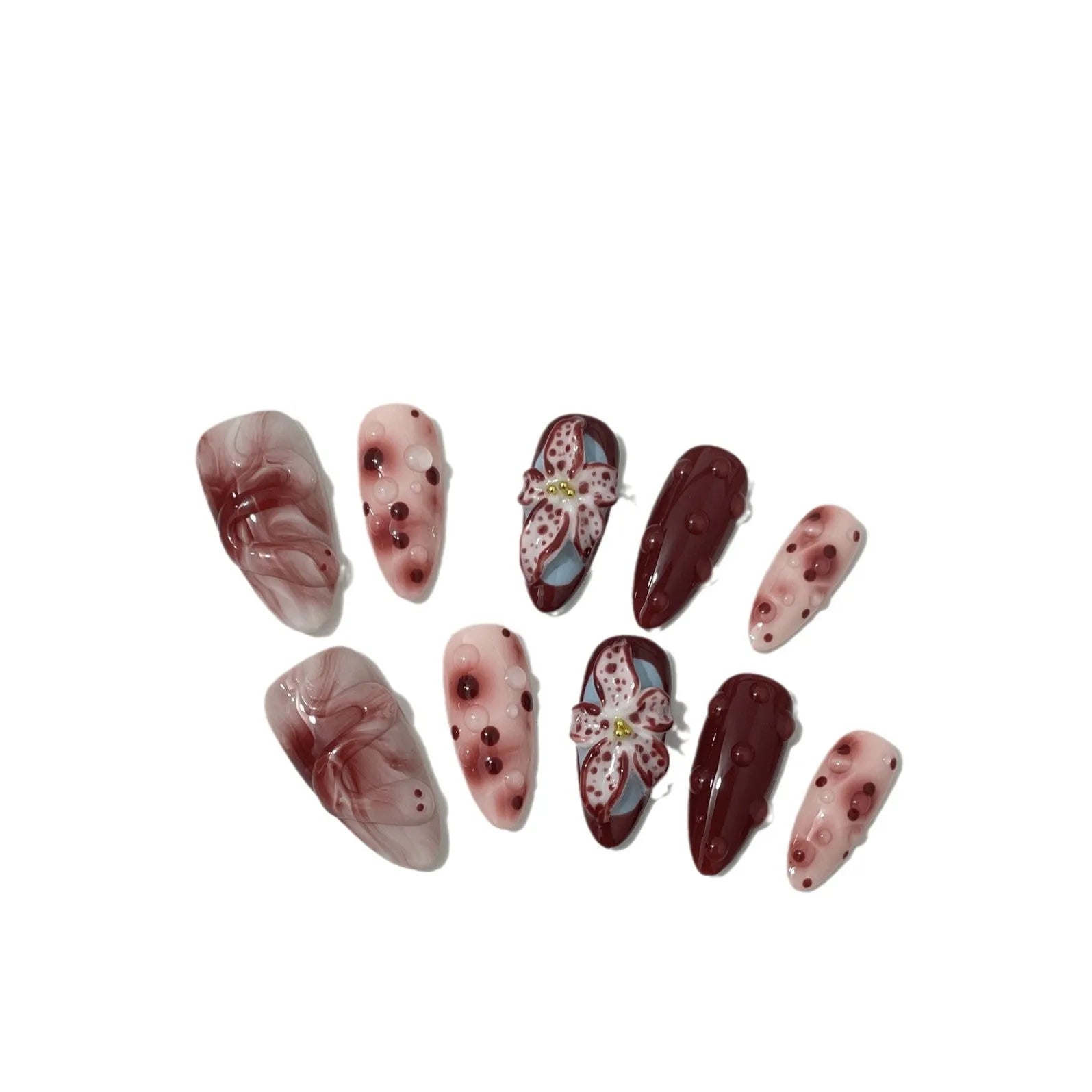 Almond-coloured false nails with hand-painted three-dimensional rose and tulip floral designs
