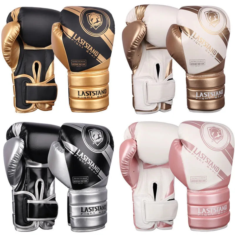 PU leather boxing gloves in black gold colour for sanda fight training, vertical style, 10oz weight