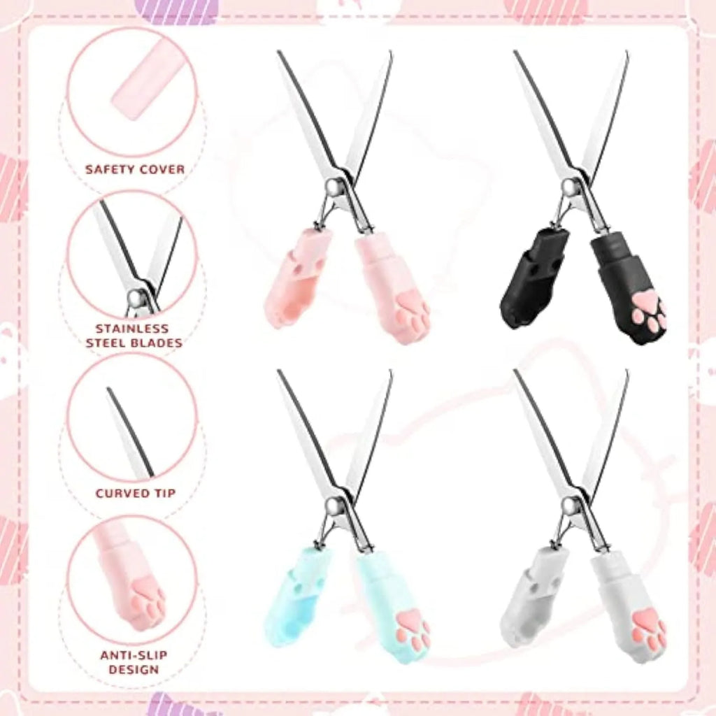 Closed pink cat paw mini folding safety scissors showing the cartoon handle design.