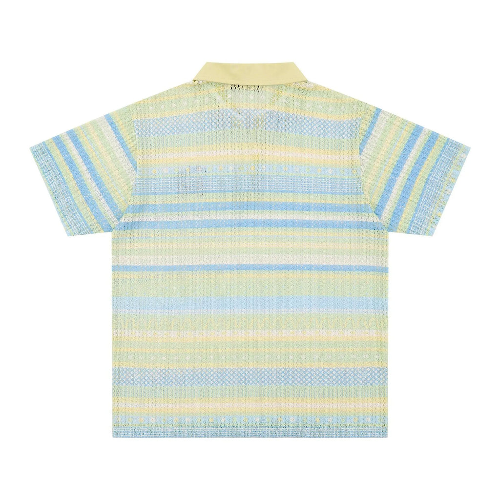 Men's blue printed short sleeve casual shirt with loose fit on mannequin