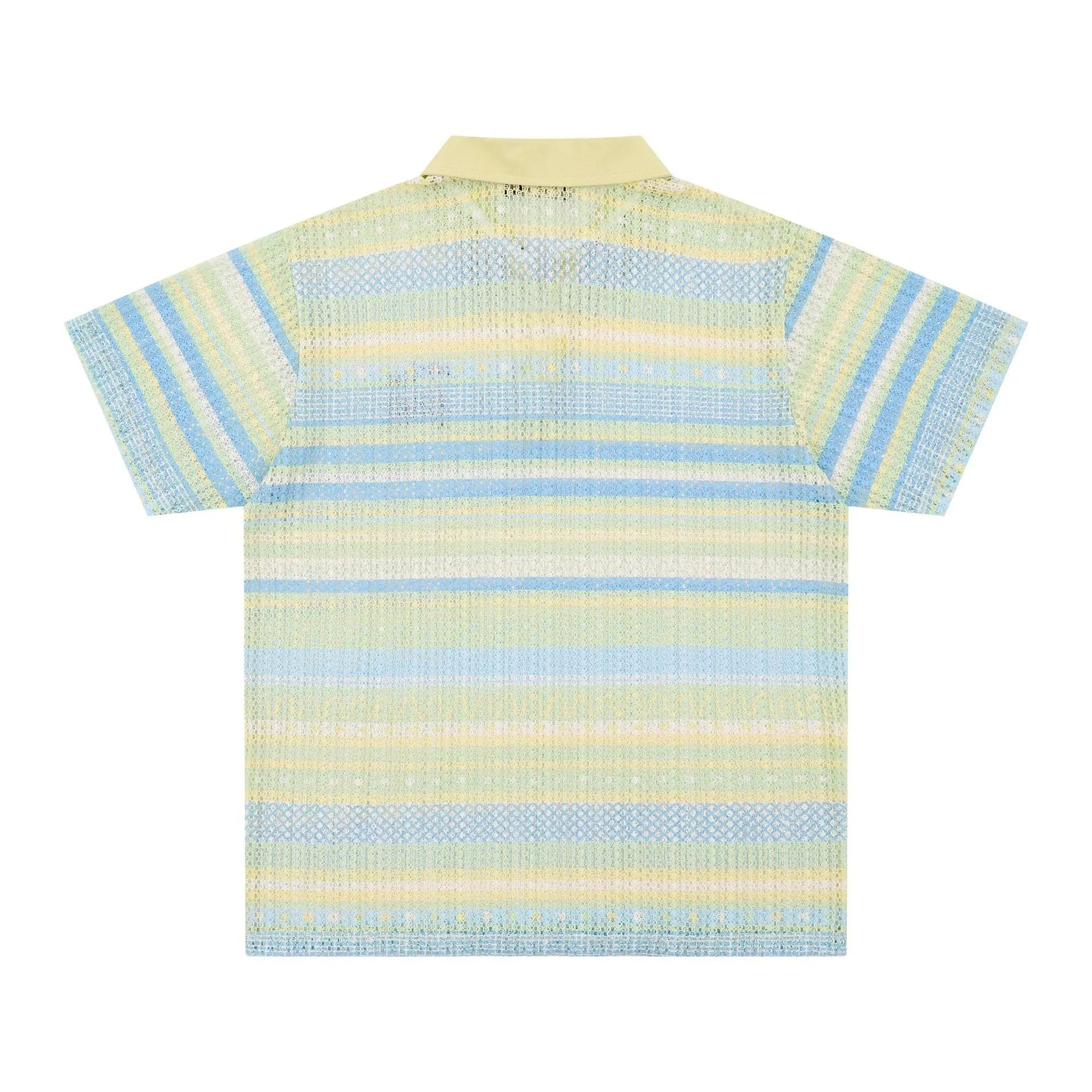 Men's blue printed short sleeve casual shirt with loose fit on mannequin