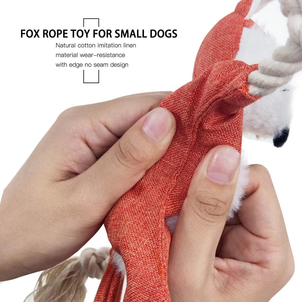 Brown plush fox dog toy with embroidered eyes, rope in limbs, for puppies and small dogs