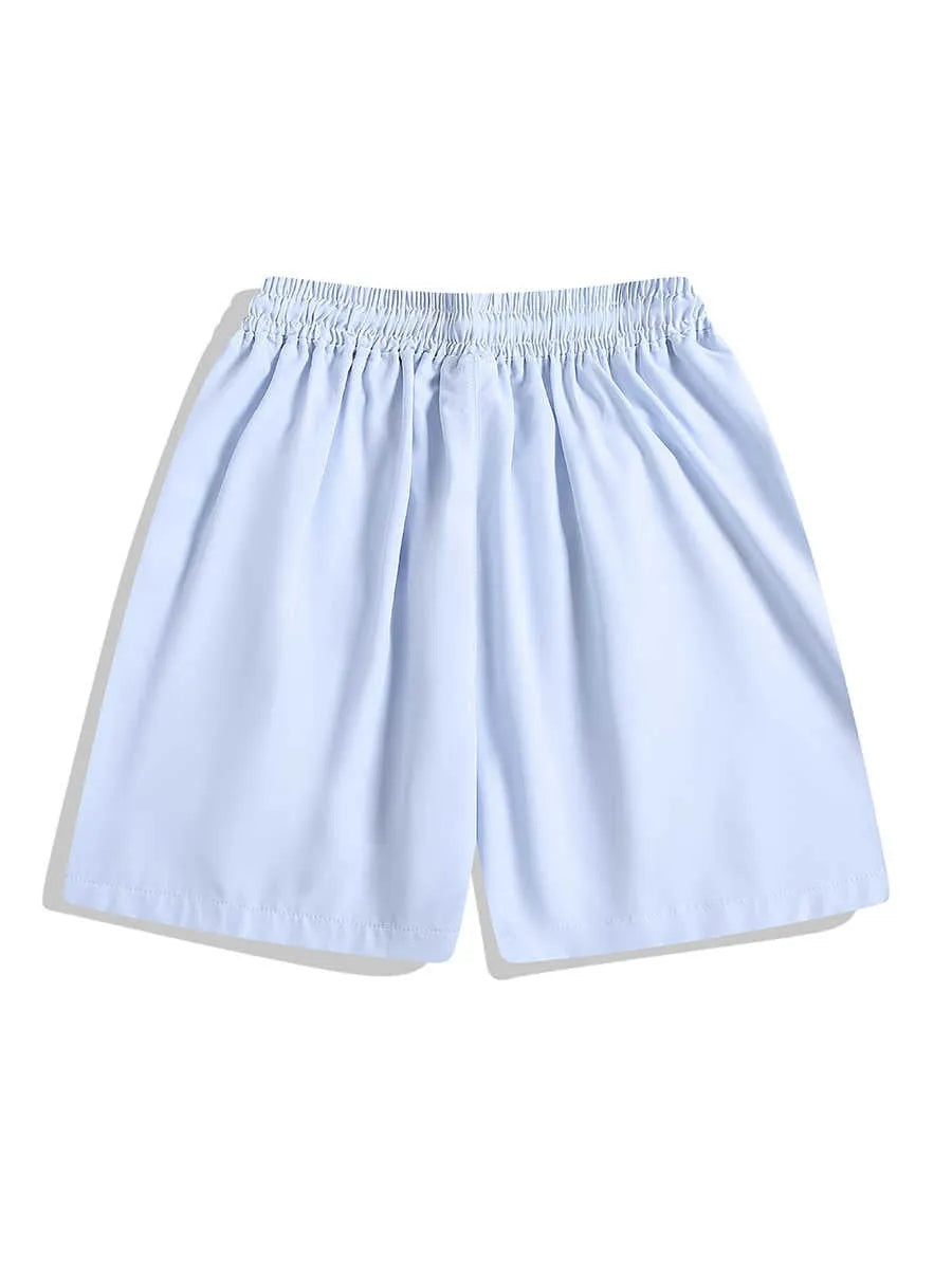 Quick-drying black and grey sports shorts with elastic waist and loose straight-leg design