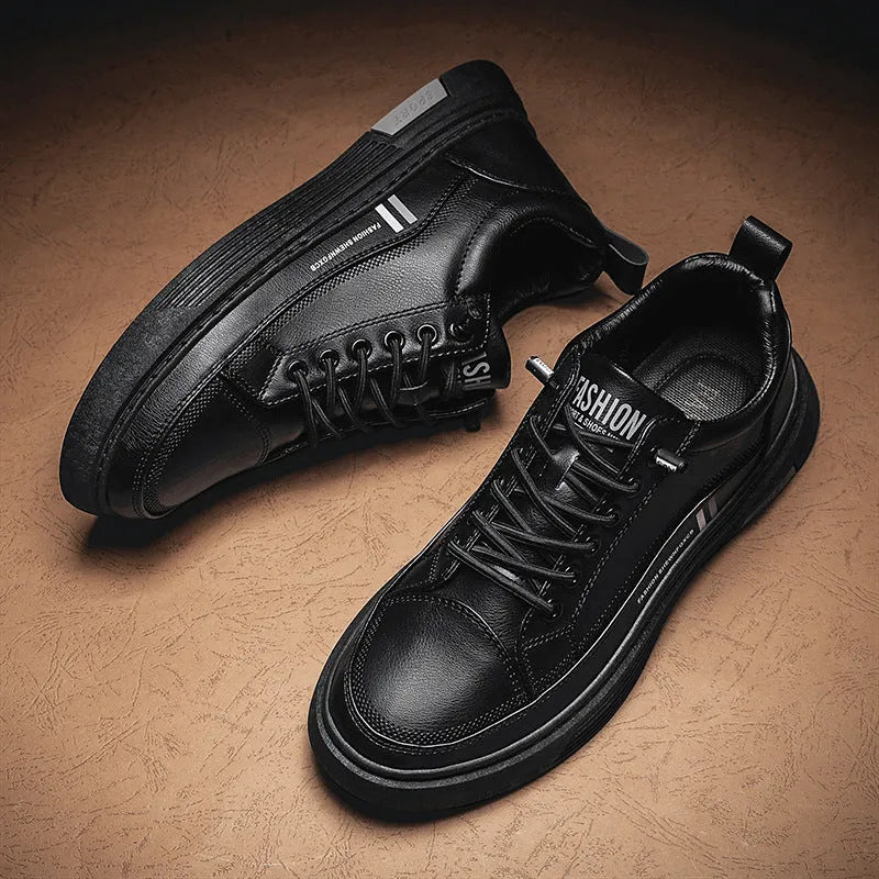 Men's white and black microfiber skateboard shoes with elastic band and rubber sole