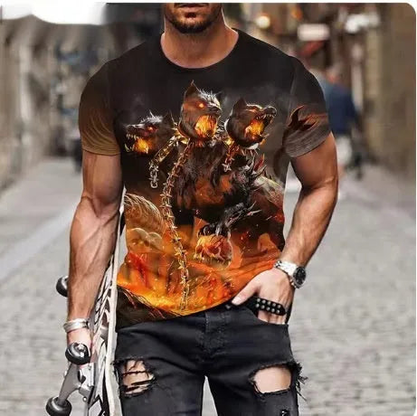 Men's grey t-shirt with 3D lion face printing on front