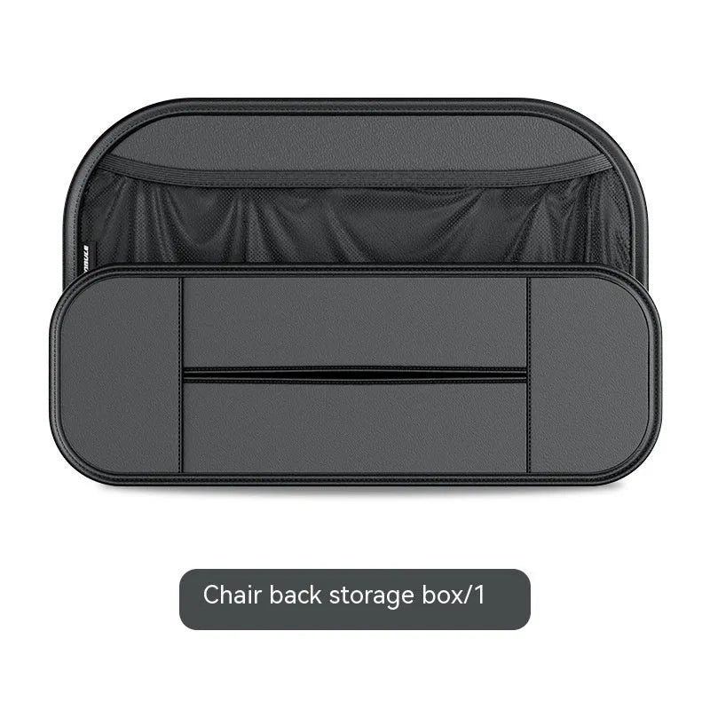 Black leather car seat rear storage bag measuring 36cm wide with customisable compartments